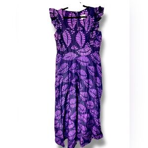 Sika x Anthropologie Ruffled Maxi Dress in Purple Tagoe Leaf‎ Pattern Sz 22W EUC